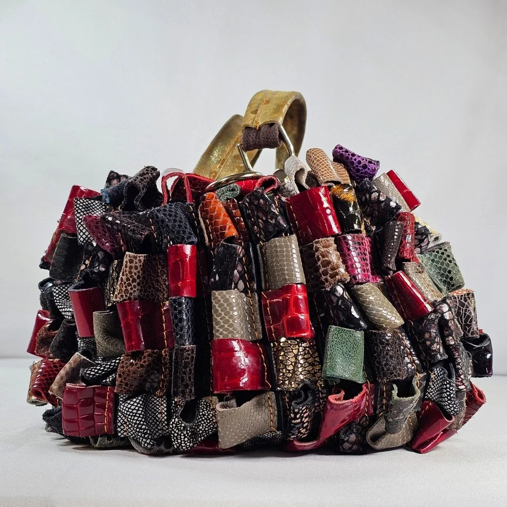 Arianna Dini Clara Handmade‎ Patchwork Leather Satchel Bag Textured Loops Boho